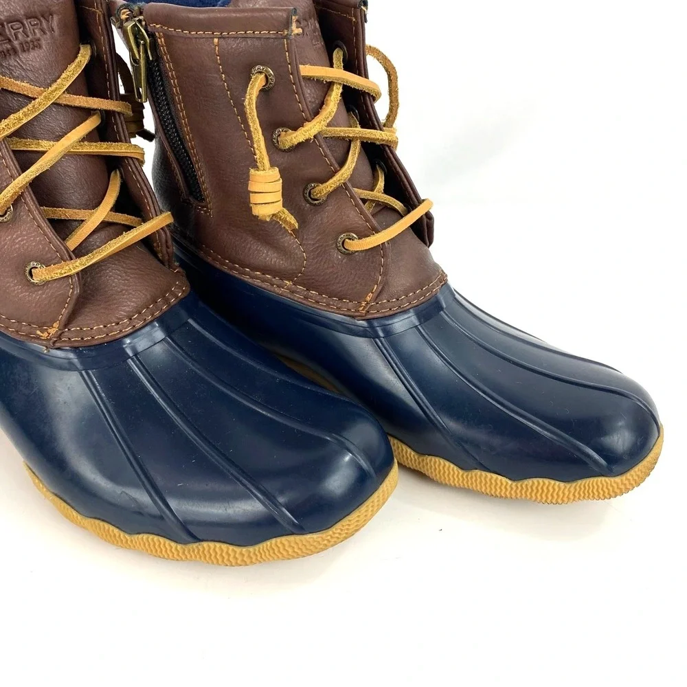 Sperry Saltwater Boots Girls 4M Duck Boots Waterproof LKNU Blue Brown Rain Shoes